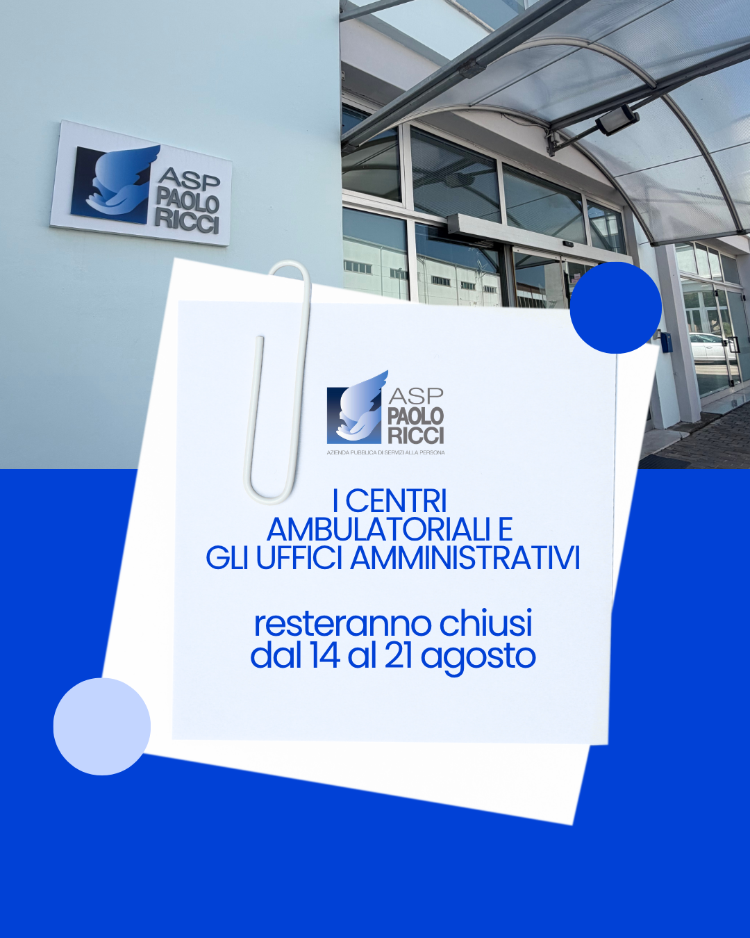 Chiusura estiva 2026 | ASP Paolo Ricci